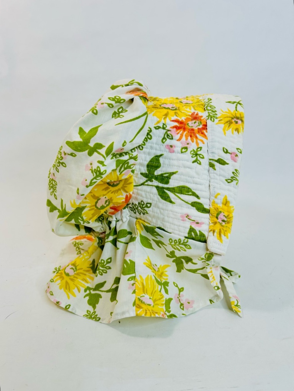 Vintage Quilted Prairie Sun Bonnet, Yellow and Orange Floral Pattern, One Size